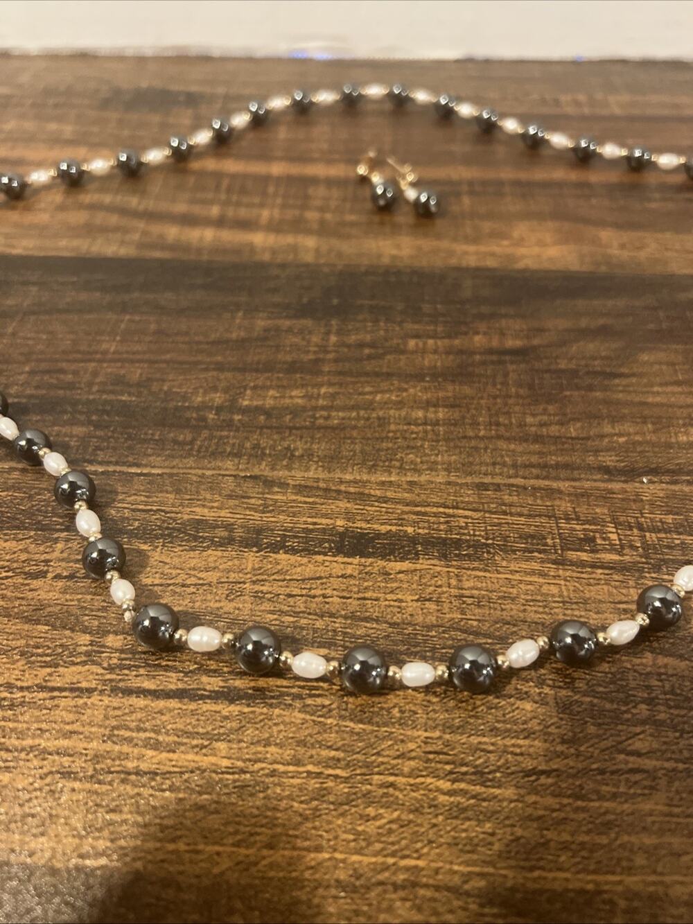 Necklace Hematite Stones Fresh Water Pearls Gold Plate Beads w/earrings